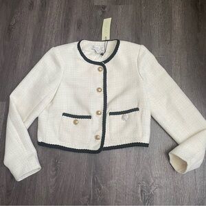 Rachel Zoe Cream Bouclé Cropped Jacket with Black Trim
